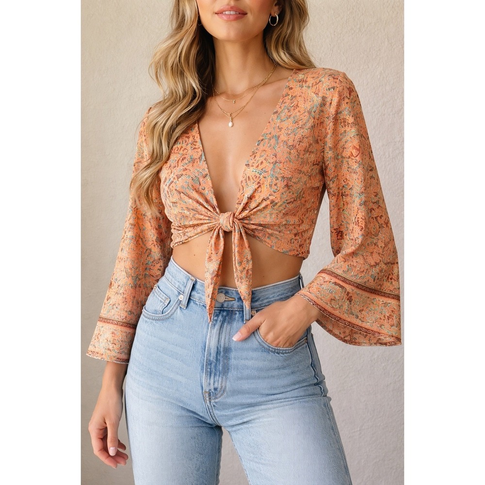 Bigg Bull Orange Paisley Silk Blend Tie Front Bell Sleeve Crop Top Boho Festival